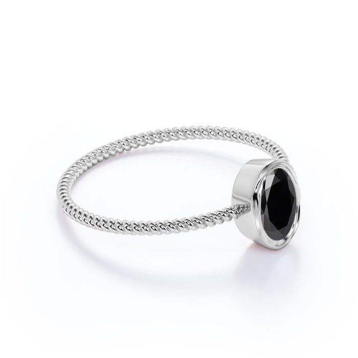 Minimalist Bezel Set 1 Carat Oval Cut Black Diamond Twist Solitaire Engagement Ring in White Gold