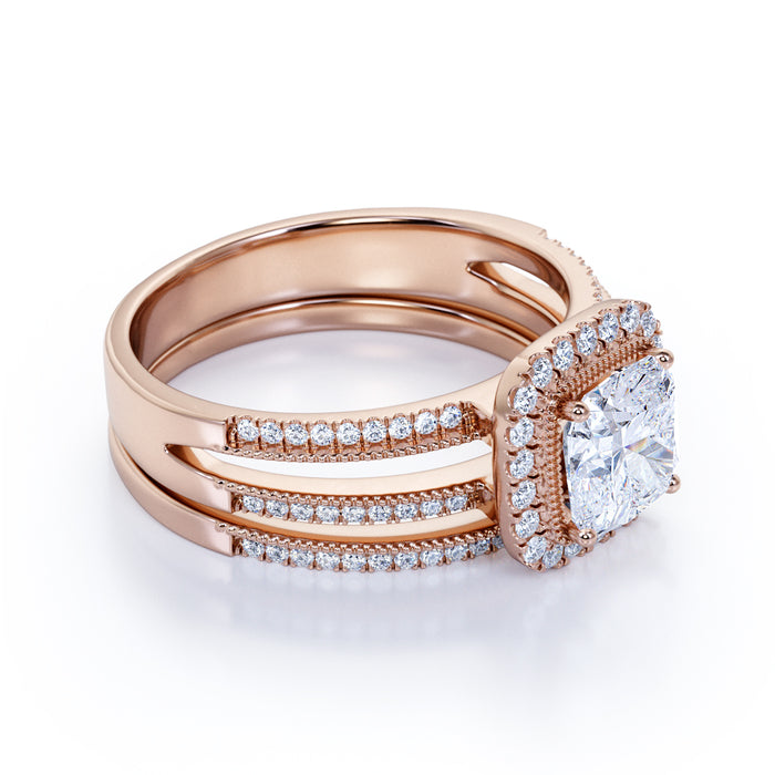 1.75 Carat Cushion Cut Moissanite & Diamond Split Shank Halo Engagement Ring Set in Rose Gold