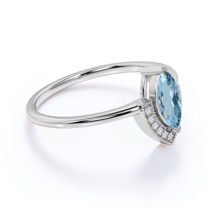 Vintage 0.75 Carat Marquise Cut Aquamarine & Diamond Semi Halo Wedding Ring in White Gold