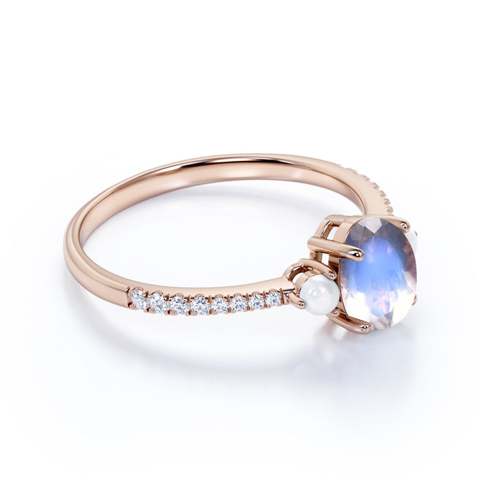 Antique .95 Carat Oval Blue Moonstone, Pearl & Diamond 3 Stone Wedding Ring in Rose Gold