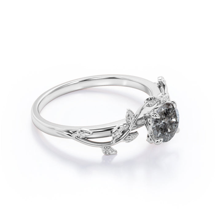 1 Carat Round Cut Natural Salt and Pepper Diamond Leaf Design Engagement Ring in White Gold