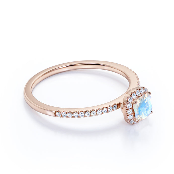 0.75 Carat Genuine Rainbow Moonstone & Diamond Cluster Halo Wedding Ring in Rose Gold