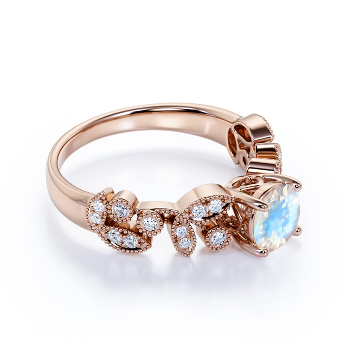 Vintage 1.9 Carat Real Round Rainbow Moonstone & Diamond Floral Bridal Ring in Rose Gold