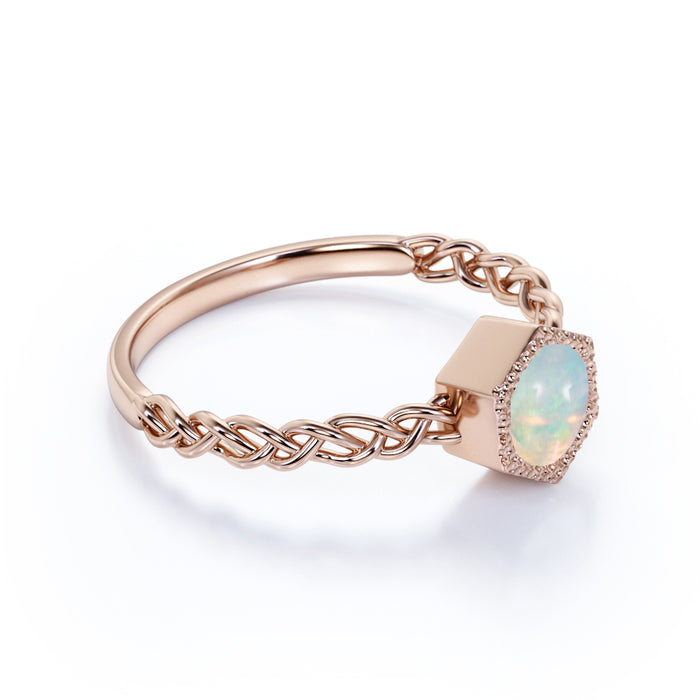 Unique Bezel Set 1 Carat Natural Round Blue Fire Opal Braided Band Solitaire Engagement Ring in Rose Gold