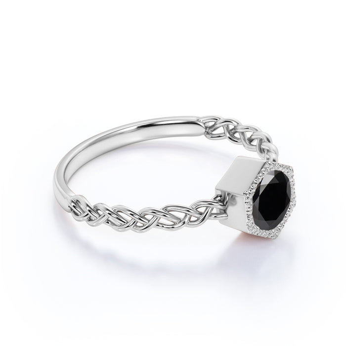 Unique Bezel Set 1 Carat Round Black Diamond Braided Band Solitaire Engagement Ring in White Gold