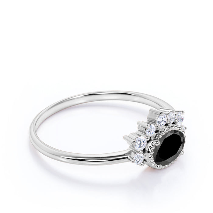 1.50 Carat Vintage Oval Cut Black Diamond and White Diamond Accents Cluster Engagement Ring in White Gold