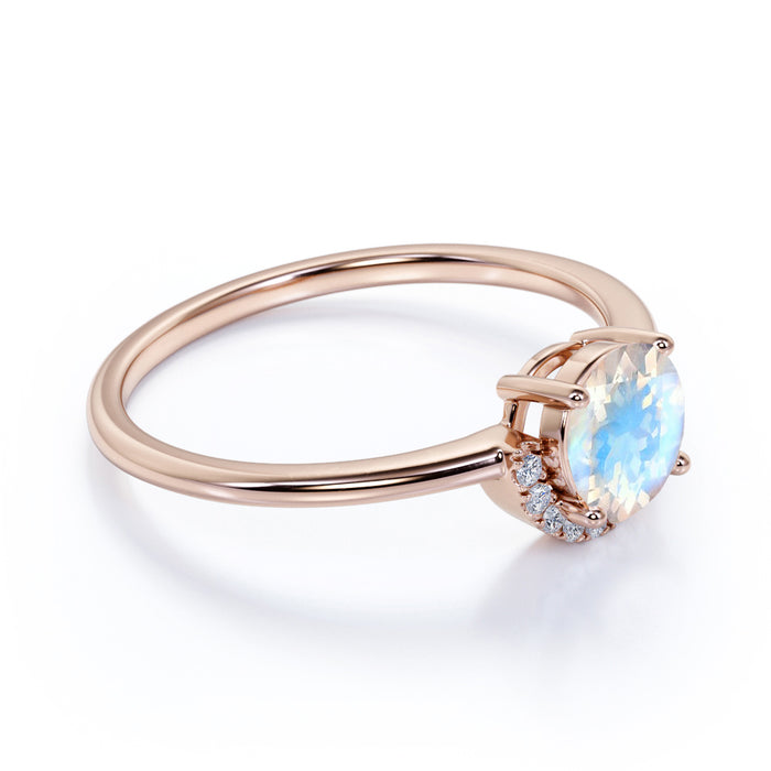 Antique Artdeco .75 Round Rainbow Moonstone & Diamond Halo Engagement Ring in Rose Gold