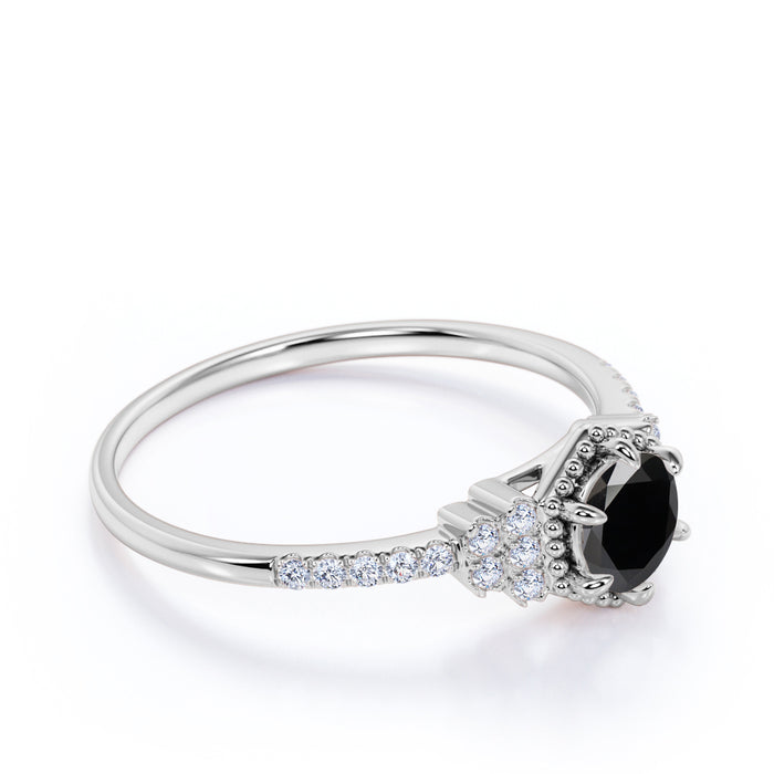 1.50 Carat Round Cut Black Diamond and Pave White Diamond Accents Cluster 6 Prong Engagement Ring in White Gold