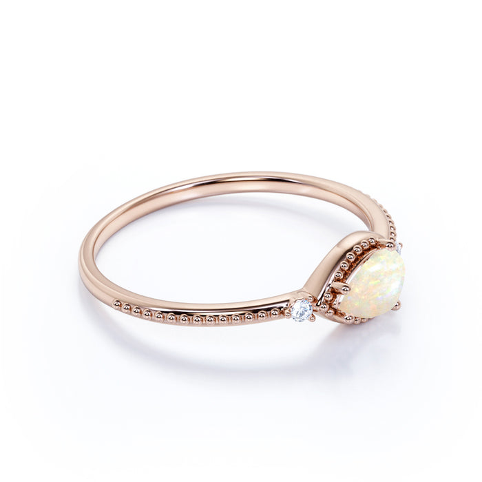 Milgrain Set Pear Shaped Australian Opal and Diamond Accents 3 Stone Engagement Ring in Rose Gold