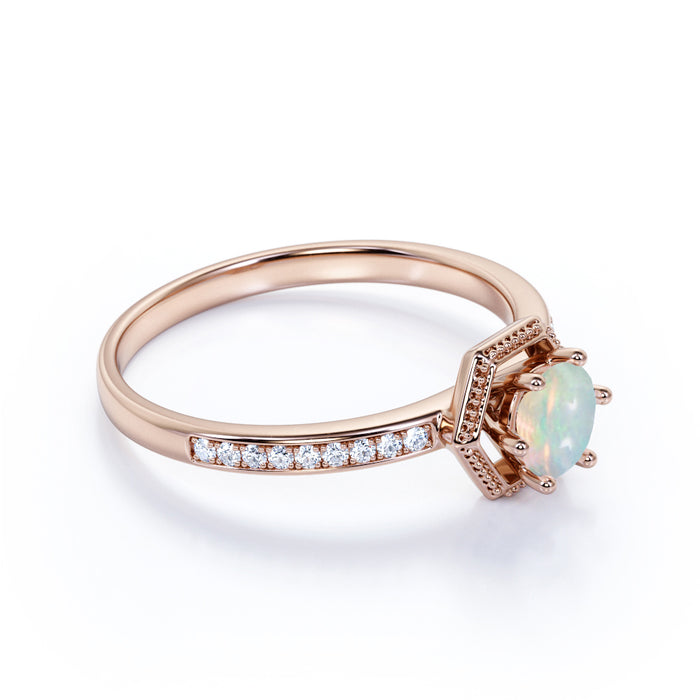 1.50 Carat Natural Basket Set Round Fire Opal with Diamond Accents Halo Engagement Ring in Rose Gold