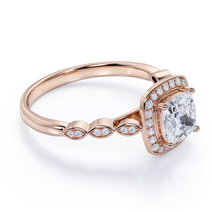 1.50 Carat Cushion Cut Fire Moissanite & Diamond Vintage Halo Engagement Ring in Rose Gold