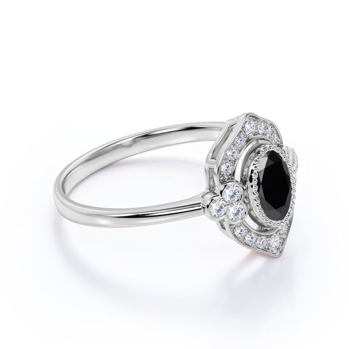 2 Carat Art Deco Oval Cut Black Diamond and White Diamond Vintage Halo Engagement Ring in White Gold
