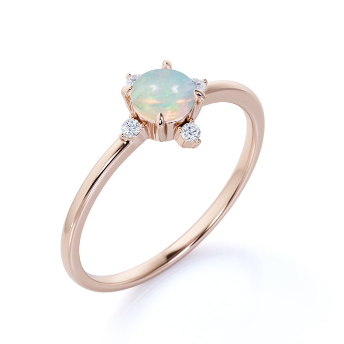 1.5 Carat Real Vintage 5 Stone Round Cut Fire Opal and Diamond Engagement Ring in Rose Gold