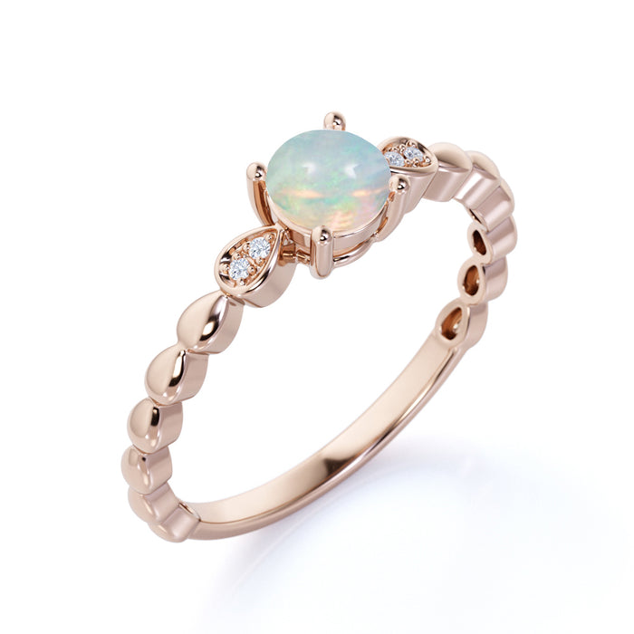 Unique 1.25 Carat Natural Round Blue Fire Opal and Diamond Cluster Engagement Ring in Rose Gold