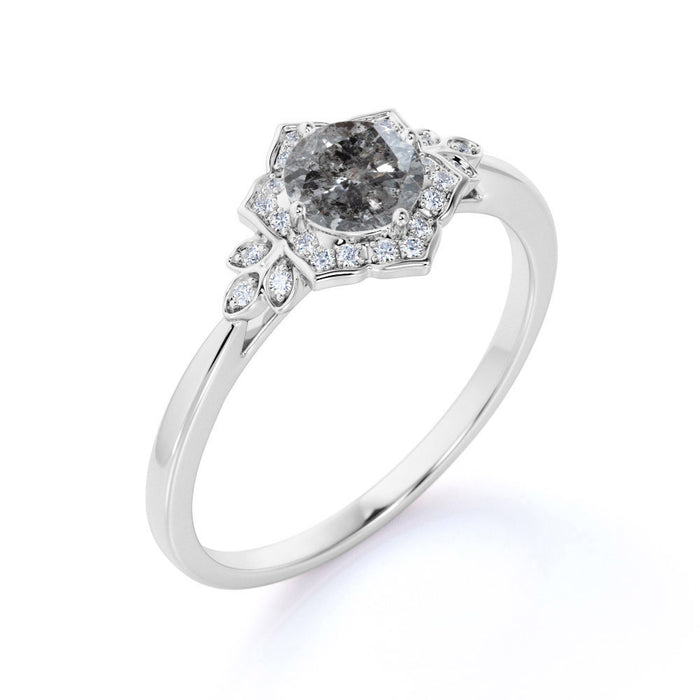 0.60 Carat Round Cut Natural Salt and Pepper Diamond Floral Style Engagement Ring in White Gold