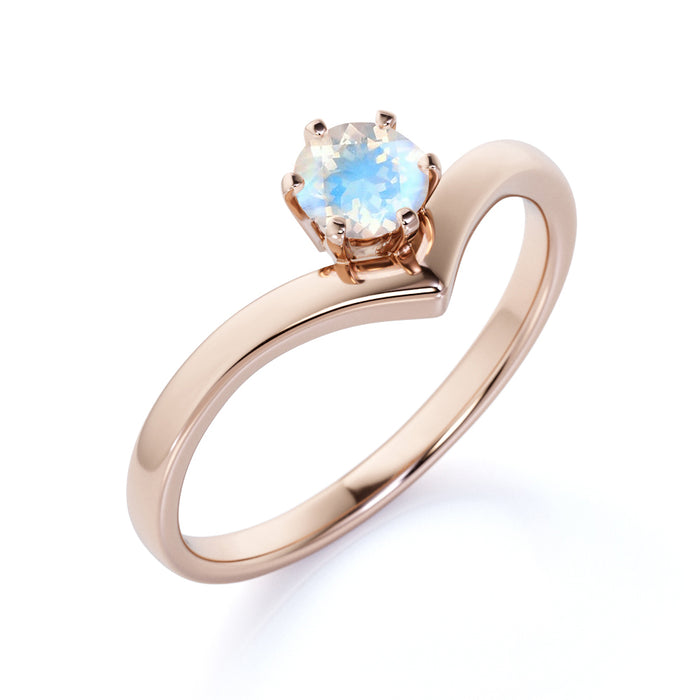 Vintage .33 Carat Round Rainbow Moonstone Art Deco Solitaire Promise Ring in Rose Gold