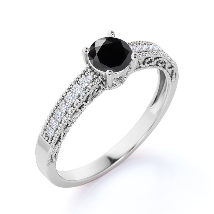 Classic Vintage 1 Carat Round Cut Black Diamond and White Diamond Accents Milgrain Engagement Ring in White Gold