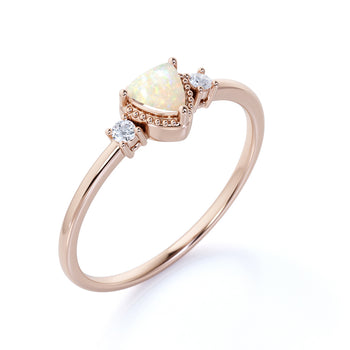 Vintage 1.5 Carat Genuine Trillion Cut Australian Opal and Diamond Accents 3 Stone Engagement Ring in Rose Gold