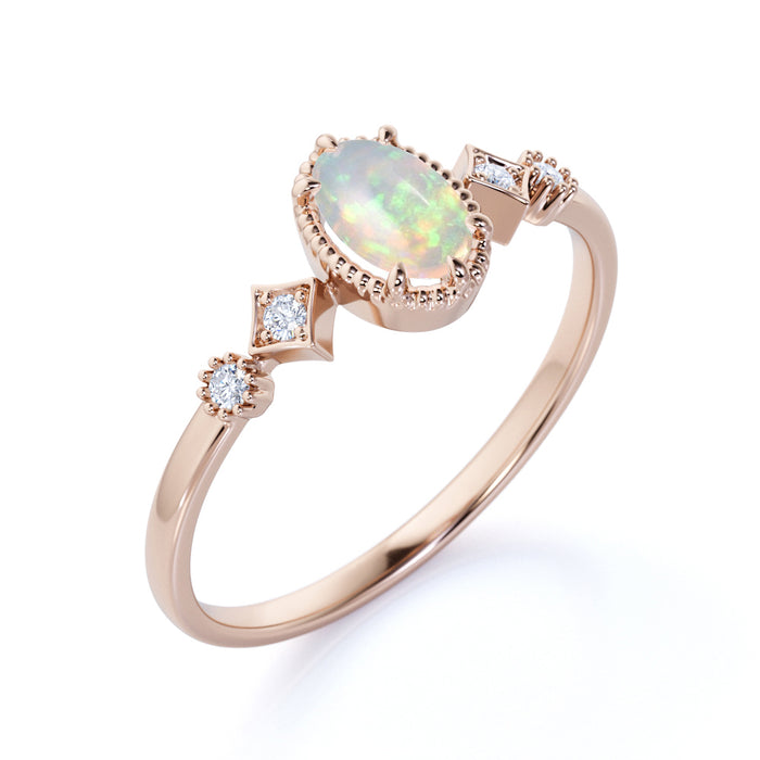1.5 Carat Natural Oval Blue Fire Opal and Diamond Accents Milgrain 5 Stone Engagement Ring in Rose Gold