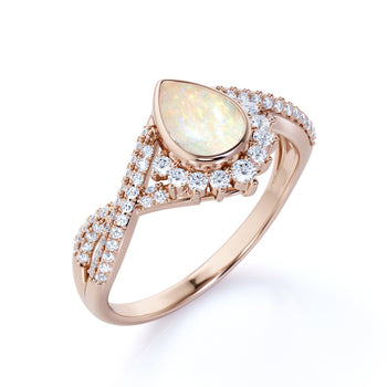 Stunning Vintage 2 Carat Natural Pear Shaped Welo Opal and Diamond Antique Engagement Ring in Rose Gold