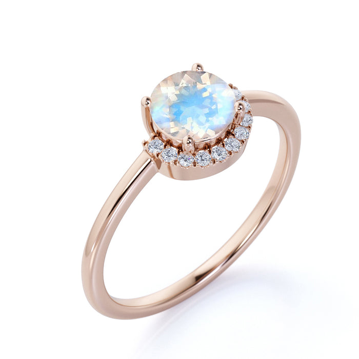 Antique Artdeco .75 Round Rainbow Moonstone & Diamond Halo Engagement Ring in Rose Gold