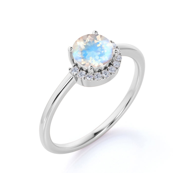 Antique Artdeco .75 Round Rainbow Moonstone & Diamond Halo Engagement Ring in Rose Gold