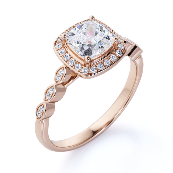 1.50 Carat Cushion Cut Fire Moissanite & Diamond Vintage Halo Engagement Ring in Rose Gold