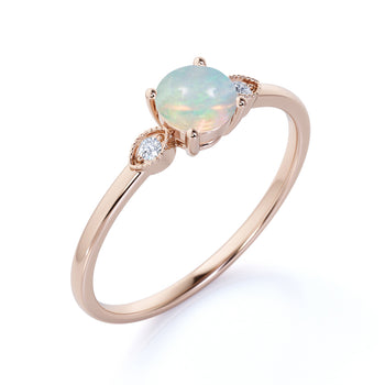 1.25 Carat Natural Vintage 3 Stone Round Black Opal and Diamond Milgrain Engagement Ring in Rose Gold