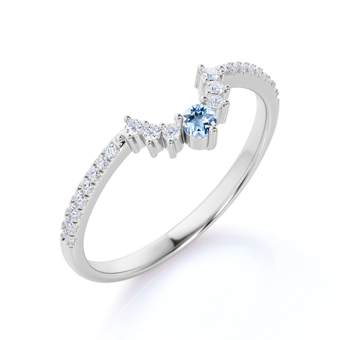 Vintage .65 Carat Round Aquamarine & Diamond Dainty Stacking Wedding Ring Band in White Gold