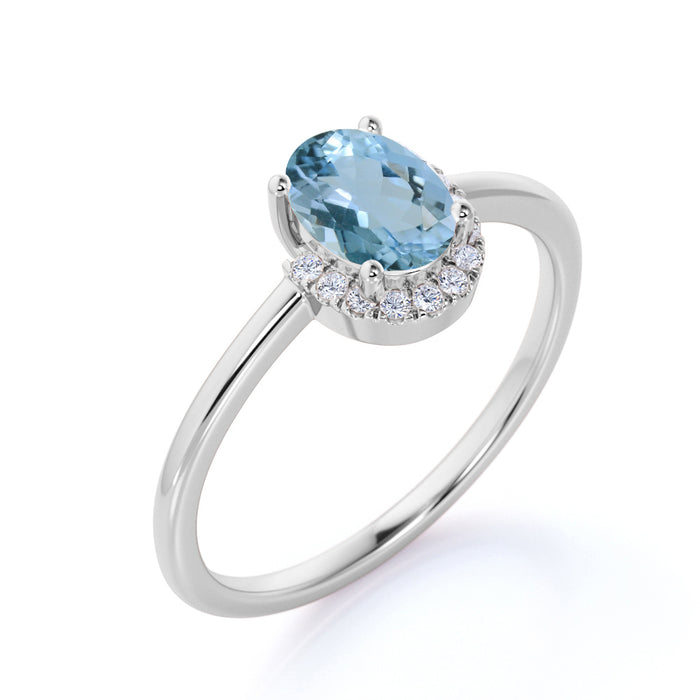 Simple .75 Carat Oval Aquamarine & Diamond Vintage Semi Halo Engagement Ring in White Gold