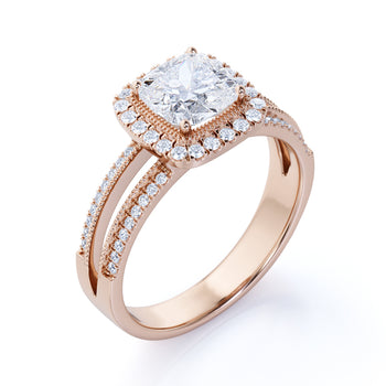 Vintage 1.5 Carat Cushion Cut Moissanite & Diamond Split Shank Engagement Ring in Rose Gold