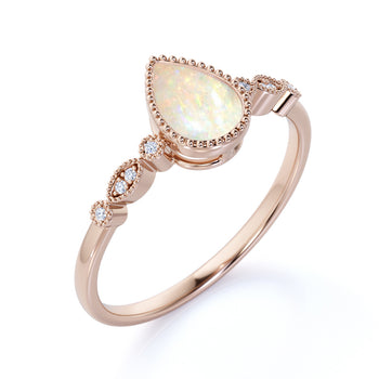 Classic Milgrain Pear Shaped Fire Opal with Diamond Accents Scalloped Engagement Ring in Rose Gold