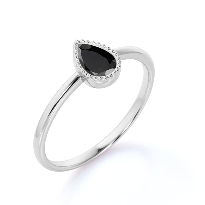 Simple 1 Carat Bezel Set Pear Cut Black Diamond Solitaire Engagement Ring in White Gold
