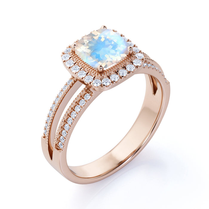 Vintage 1.50 Carat Cushion Cut Rainbow Moonstone & Diamond Halo Wedding Ring in Rose Gold