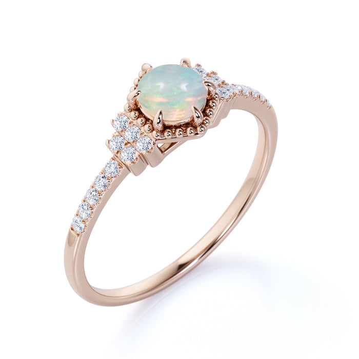 1.5 Carat Real Round Fire Opal and Pave Diamond Accents Cluster 6 Prong Engagement Ring in Rose Gold