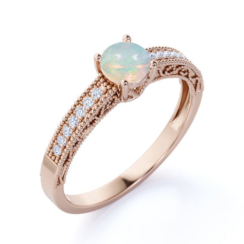 Classic Vintage 1 Carat Natural Round Cut Fire Opal and Diamond Accents Milgrain Engagement Ring in Rose Gold
