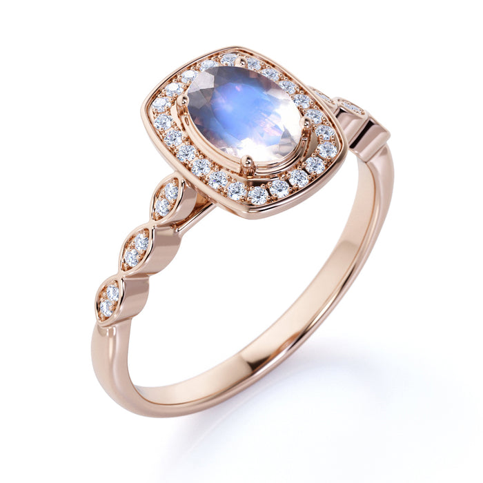 1.50 Carat Art Deco Bezel Oval Cut Blue Moonstone & Diamond Halo Engagement Ring Rose Gold