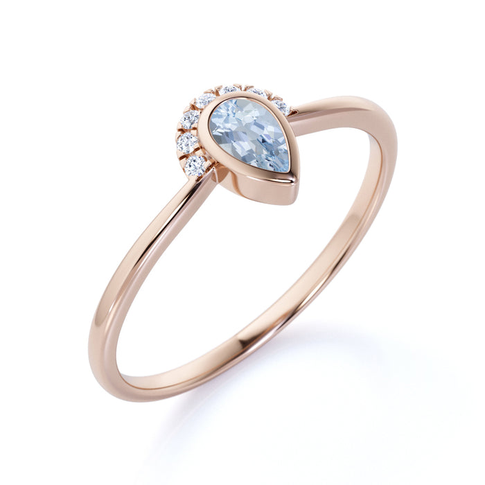 Art Deco .75 Carat Bezel Set Pear Shaped Aquamarine & Diamond Engagement Ring in White Gold