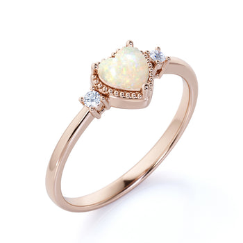 1.50 Carat Natural Vintage Heart Shaped Australian Opal and Diamond Milgrain 3 Stone Engagement Ring in Rose Gold