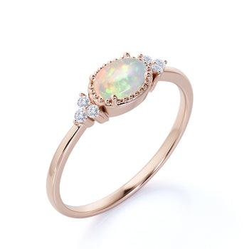 1.5 Carat Real Vintage Oval Ethiopian Opal and Diamond Accents Semi Halo Crown Engagement Ring in Rose Gold