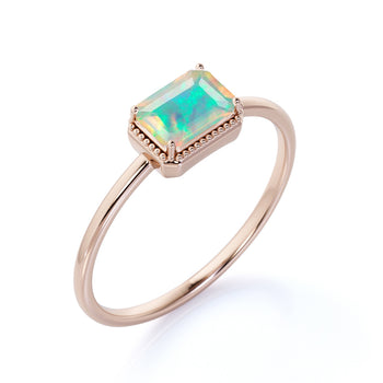 Minimalist 1 Carat Real Baguette Cut Rainbow Opal Simple Solitaire Engagement Ring in Rose Gold