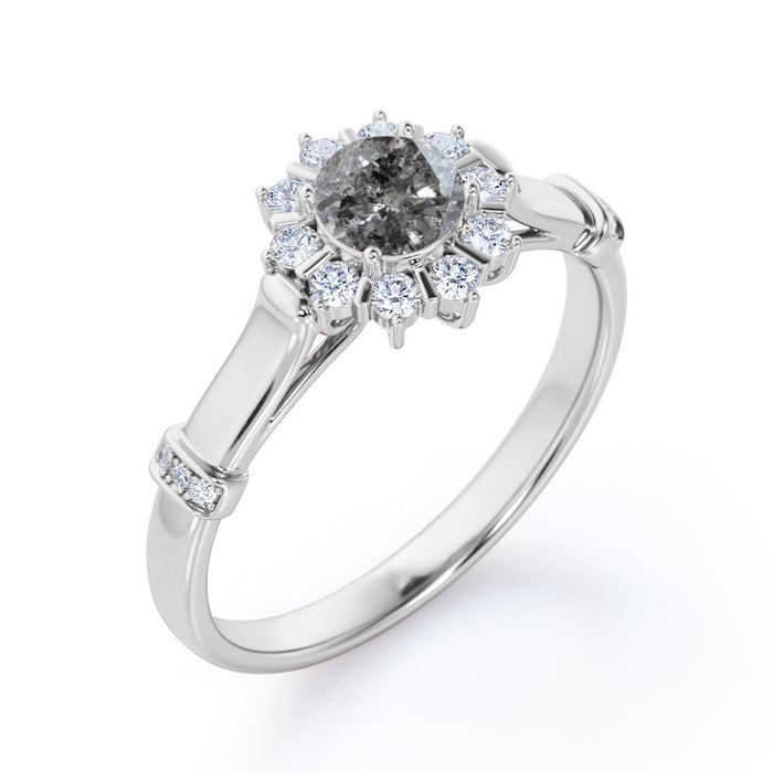 0.65 Carat Round Brilliant Icy Grey Salt and Pepper Diamond Bar Set Halo Engagement Ring in White Gold