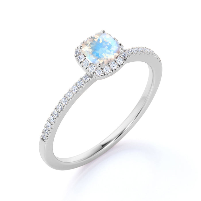 0.75 Carat Genuine Rainbow Moonstone & Diamond Cluster Halo Wedding Ring in Rose Gold