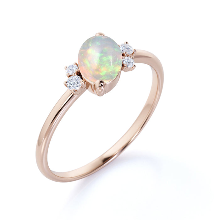 1.5 Carat Real Oval Cut Welo Opal and Diamond Accents Cluster Engagement Ring in Rose Gold