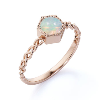 Unique Bezel Set 1 Carat Natural Round Blue Fire Opal Braided Band Solitaire Engagement Ring in Rose Gold