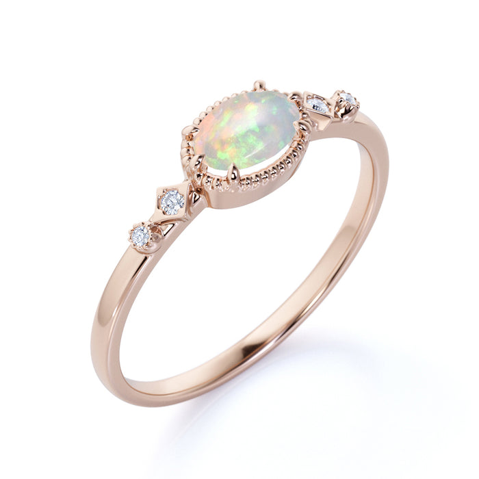 1.5 Carat Natural Vintage Milgrain Set Oval Australian Opal and Diamond 6 Prong Engagement Ring in Rose Gold