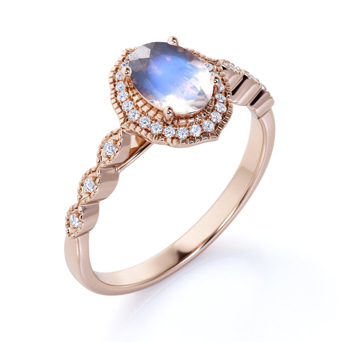 1.5 Carat Vintage Art Deco Oval Blue Moonstone & Diamond Halo Wedding Ring in Rose Gold