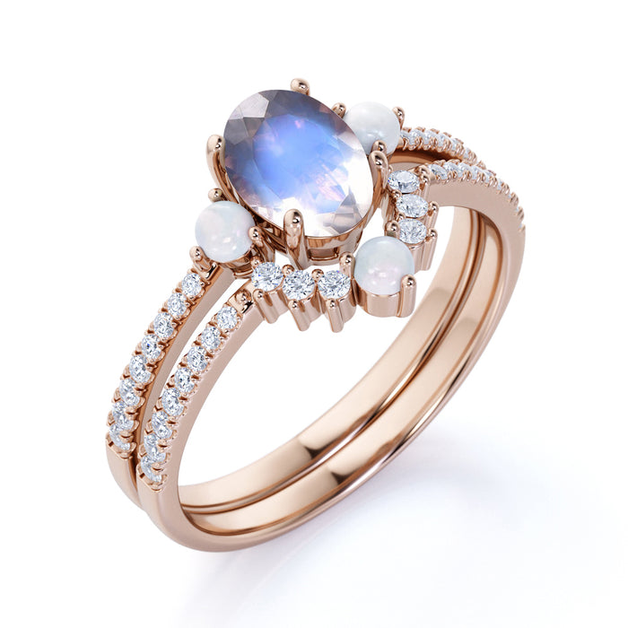 Antique 1.50 Carat Real Oval Blue Moonstone, Pearl & Diamond Wedding Ring Set in Rose Gold