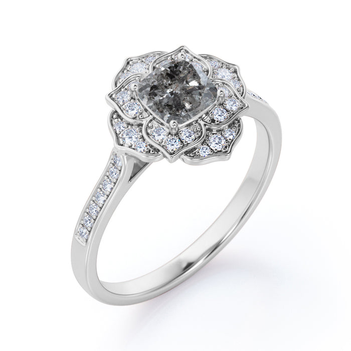 1 Carat Round Cut Natural Salt and Pepper Diamond Nature Inspired Engagement Ring in White Gold