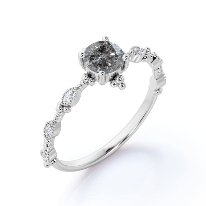 1.10 Carat Round Cut Real Salt and Pepper Diamond Dainty Milgrain Engagement Ring in White Gold